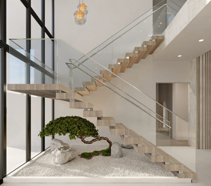 Decorating-a-staircase-landing-with-a-zen-garden-by-Decorilla-designer-Laura-A