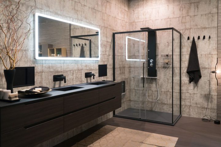 Bathroom-wallpaper-with-modern-shower-featuring-a-black-frame