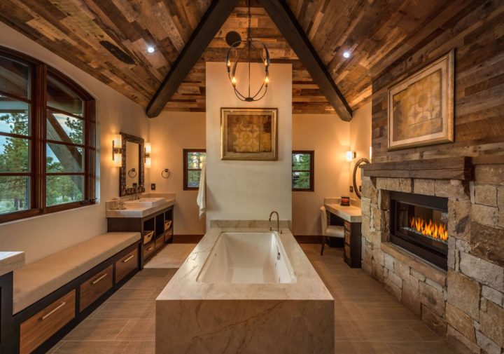 Cathedral-ceiling-reclaomed-wood-and-stacked-stones-for-rustic-bathroom