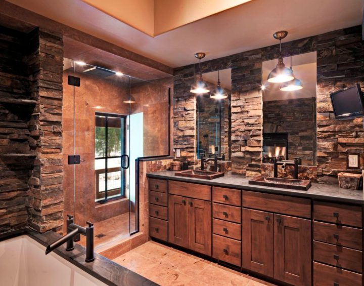 Rustic-bathroom-with-double-vanity-and-exposed-bricks