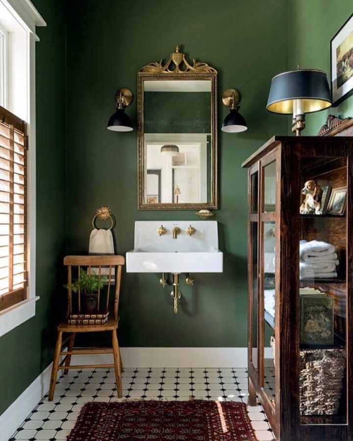 Green-wall-painted-for-small-bathroom-with-farmhouse-infused