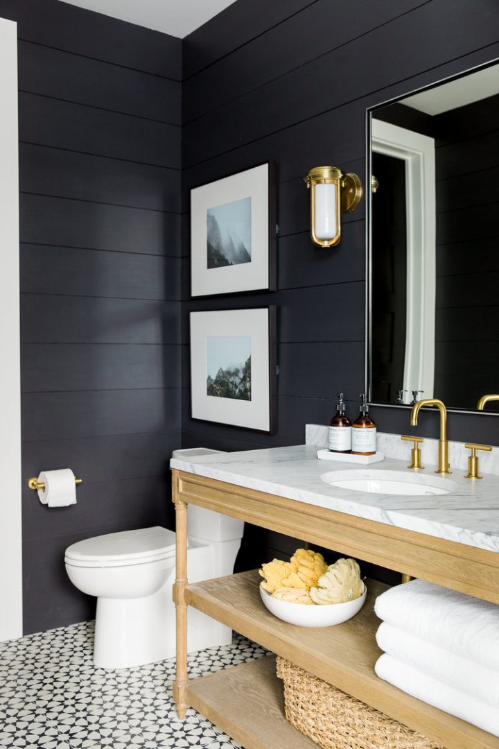 Black-beadboard-bathroom-and-white-grey-marble-top