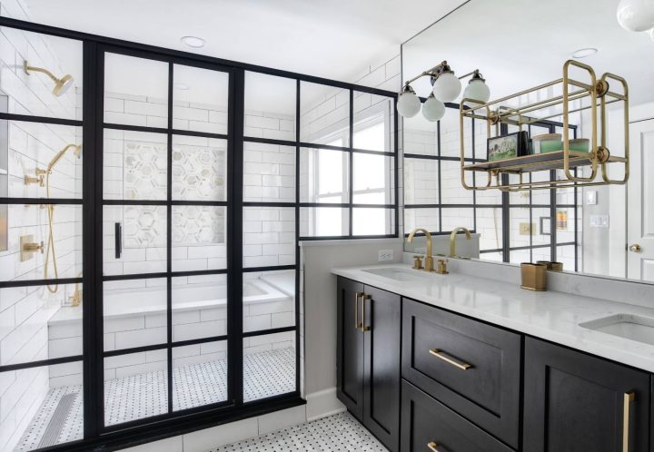 Black-frame-shower-walk-in-and-bold-brass-accents