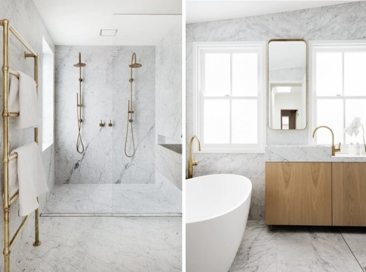 White-marble-and-brass-faucet-fixtures